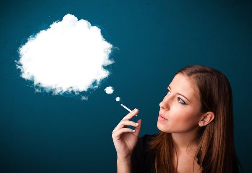 Pretty young woman smoking unhealthy cigarette with dense smoke