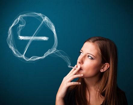 Pretty young lady smoking unheathy cigarette with no smoking sign