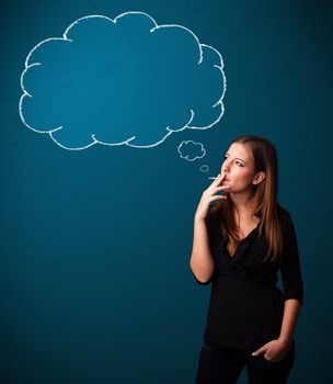 Beautiful young lady smoking cigarette with idea cloud