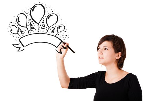 Young girl drawing a party label on whiteboard with copyspace