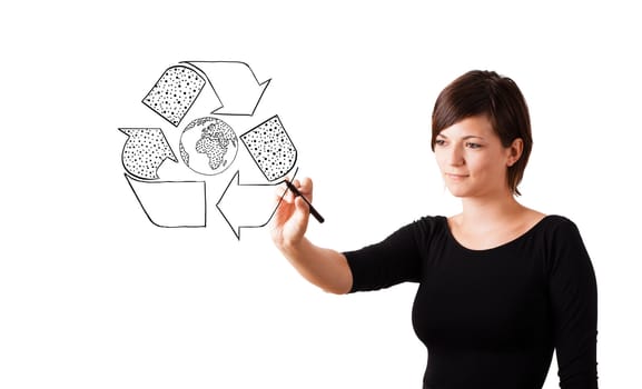 Young woman drawing recycle globe on whiteboard isolated on white