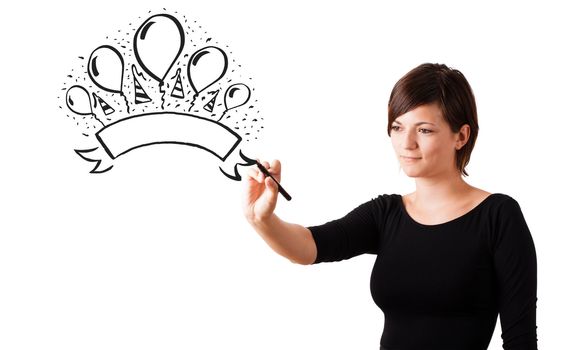 Young girl drawing a party label on whiteboard with copyspace