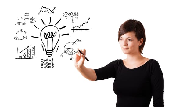 Young business woman drawing light bulb with various diagrams and charts on whiteboard isolated on white