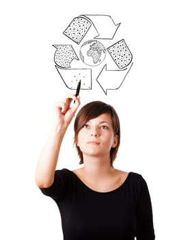 Young woman drawing recycle globe on whiteboard isolated on white