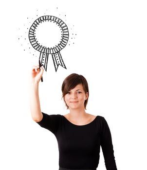 Young woman drawing a ribbon on whiteboard isolated on white