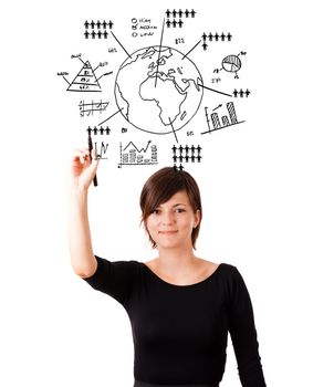 Young woman drawing globe with various diagrams isolated on white