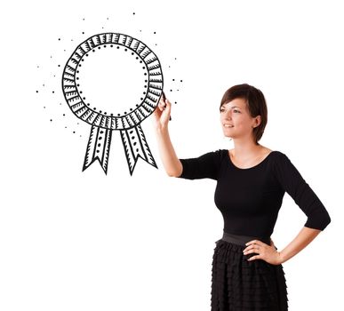 Young woman drawing a ribbon on whiteboard isolated on white