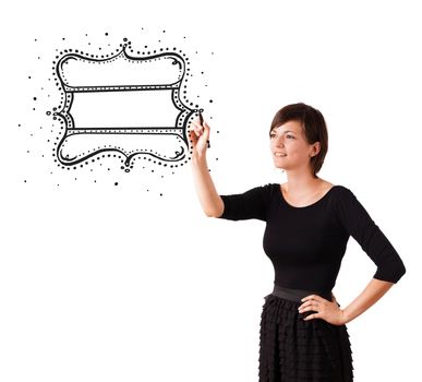 Young woman drawing a quality vintage label isolated on white