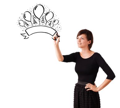 Young girl drawing a party label on whiteboard with copyspace