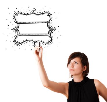 Young woman drawing a quality vintage label isolated on white