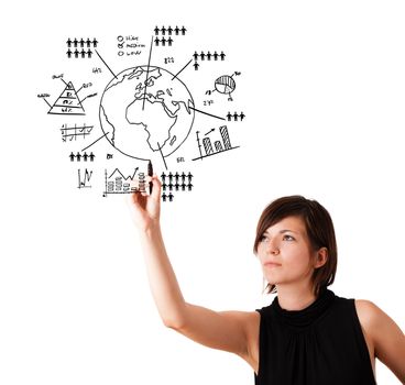 Young woman drawing globe with various diagrams isolated on white