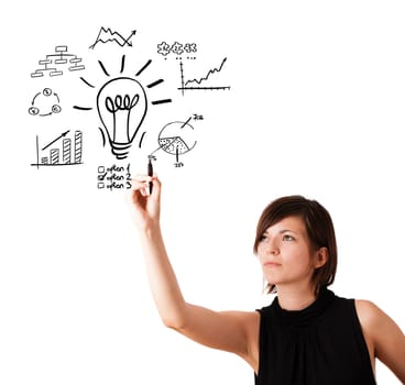 Young business woman drawing light bulb with various diagrams and charts on whiteboard isolated on white