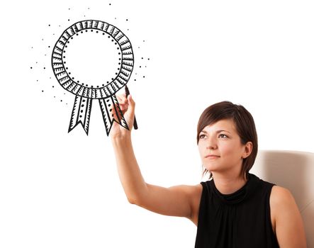 Young woman drawing a ribbon on whiteboard isolated on white