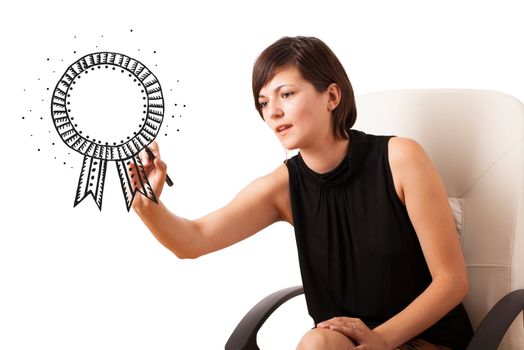 Young woman drawing a ribbon on whiteboard isolated on white