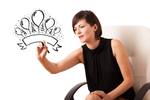 Young girl drawing a party label on whiteboard with copyspace