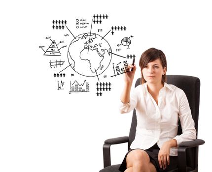 Young woman drawing globe with various diagrams isolated on white