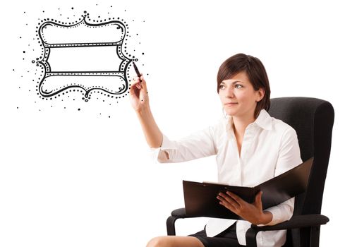 Young woman drawing a quality vintage label isolated on white