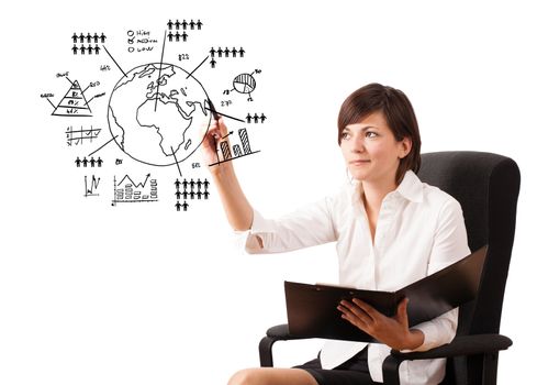 Young woman drawing globe with various diagrams isolated on white