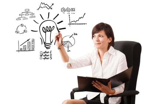 Young business woman drawing light bulb with various diagrams and charts on whiteboard isolated on white