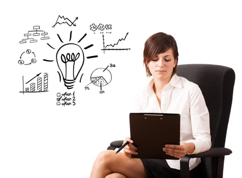 Young business woman presenting light bulb with various diagrams and charts on whiteboard isolated on white