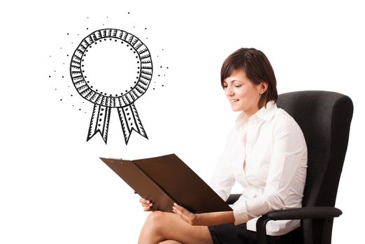 Young business woman presenting a ribbon isolated on white