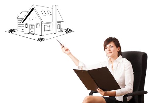 Young business woman presenting a house on whiteboard isolated on white