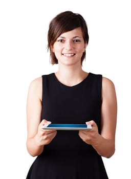Young business woman looking at modern tablet