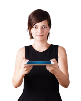 Young business woman looking at modern tablet