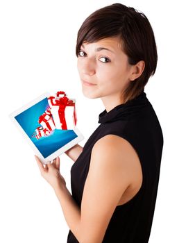 Young business woman looking at modern tablet with present boxes