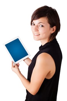 Young business woman looking at modern tablet