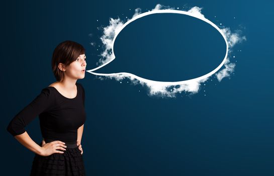 Young business woman with abstract modern speech bubble