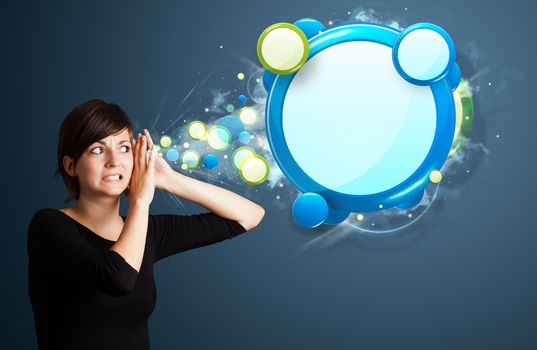 Young business woman with abstract modern speech bubble