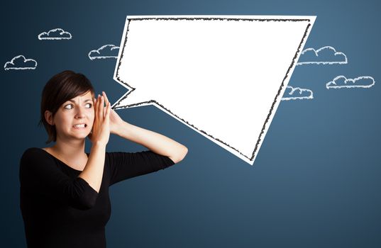 Young business woman with abstract modern speech bubble