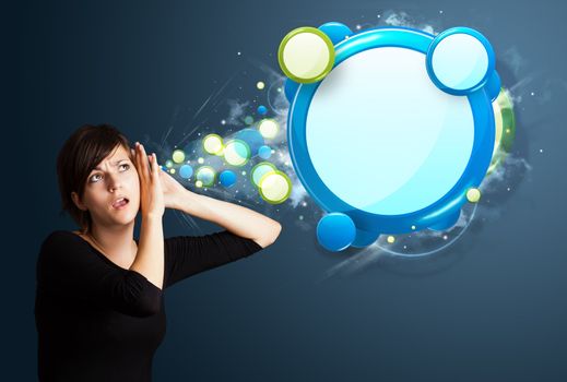 Young business woman with abstract modern speech bubble