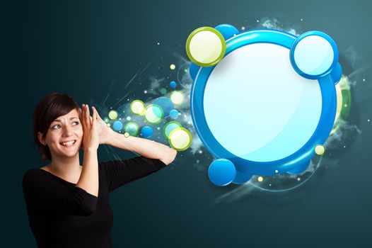 Young business woman with abstract modern speech bubble