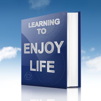 Illustration depicting a book with an enjoying life concept title. Sky background.