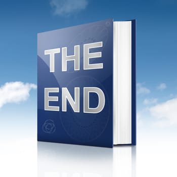 Illustration depicting a book with the end concept title. Sky background.