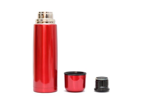 open red thermo bottle with shadows over white background