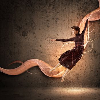 Girl dancing in a color dress with a gray background. Collage