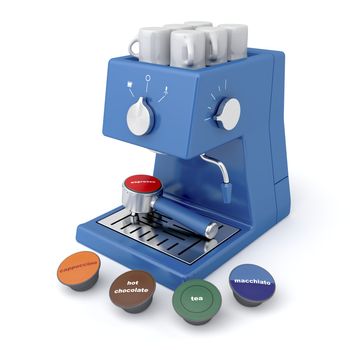 Blue coffee maker with coffee and tea capsules