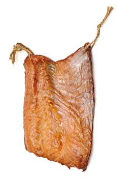 pieces smoked fish on a white background