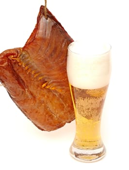 smoked fish and cup of beer on a white background