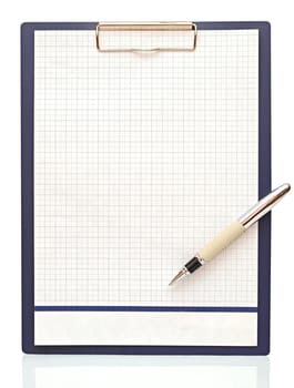 Clipboard with blank paper and pen on a white background 