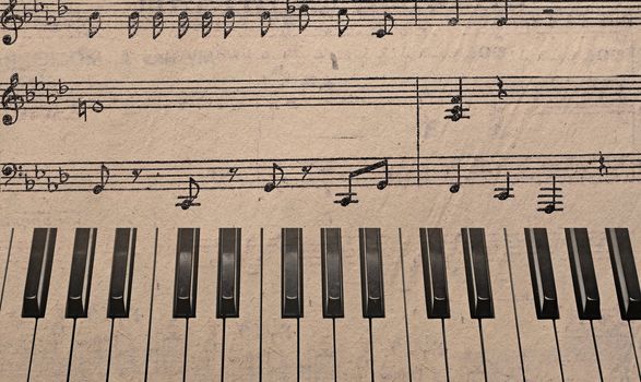 Music background with piano keys in grunge style. Music concept. 