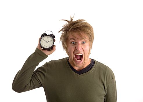 Yelling man with alarm clock in hand