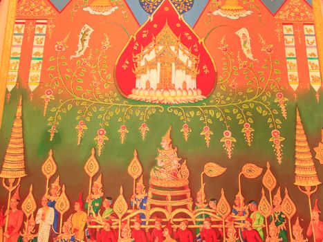 Traditional Thai painting art about  buddhism story on temple wall, Thailand