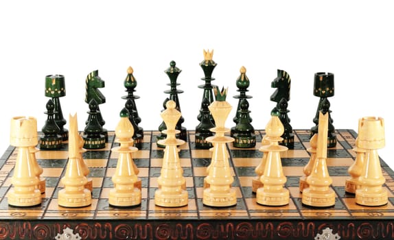 chessboard with all their pieces ready to start game isolated with clipping path