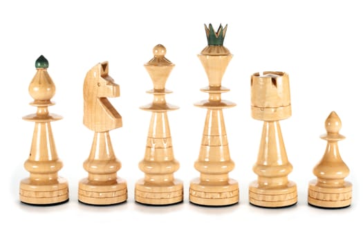 chess pieces queen bishop knight rook and pawn isolated on white