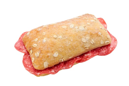 Iberian salami sandwich isolated on white with clipping path