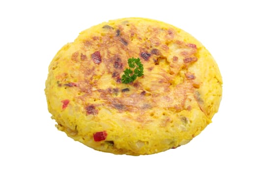 Spanish omelette made ​​with eggs and onions peppers potatoes isolated on white with clipping path